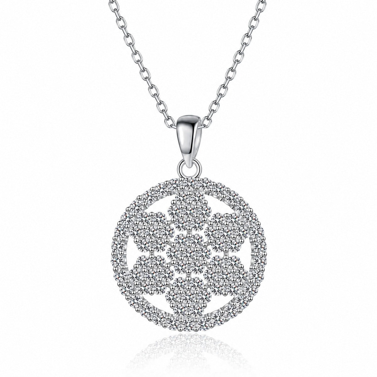 Snowflake Moissanite Pendant Necklace in Rhodium-Plated S925 sterling silver white background product photo showing round snowflake pendant with tiny moissanite details