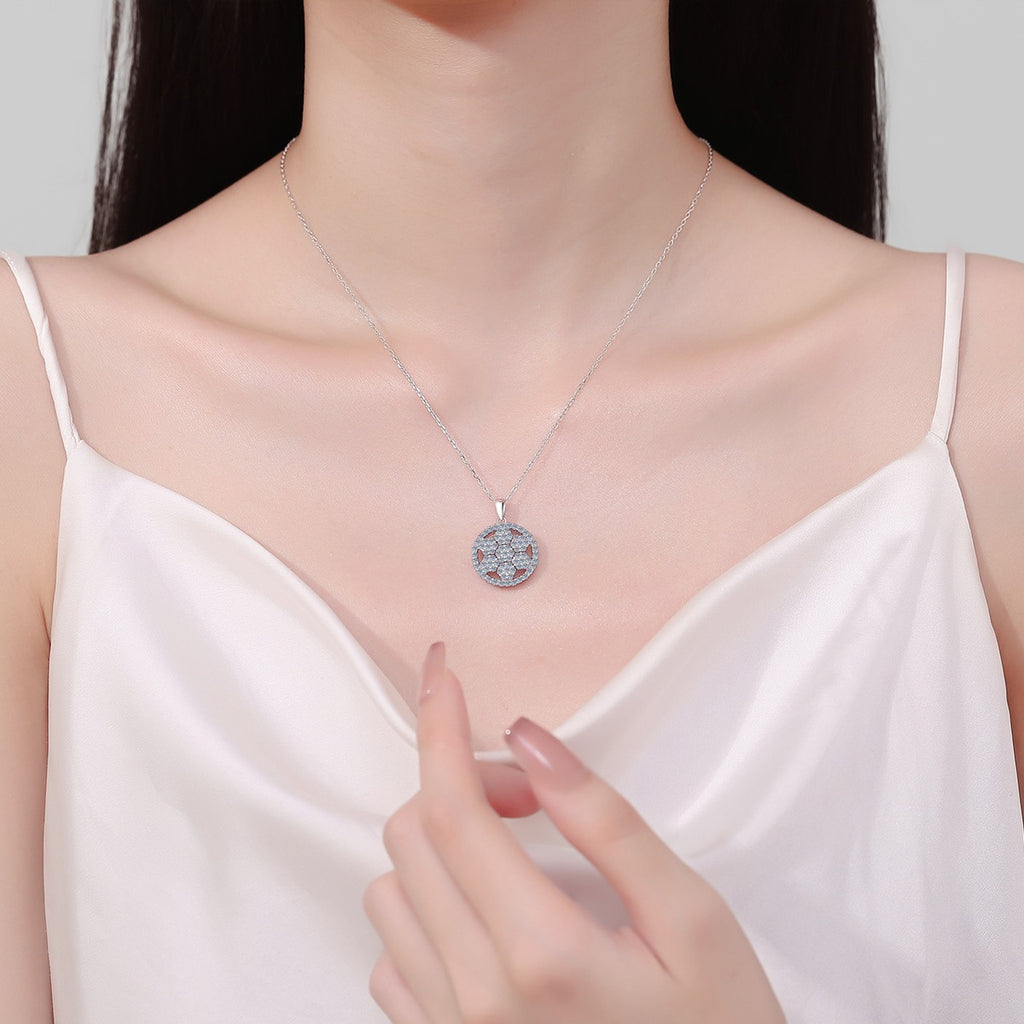 Snowflake Moissanite Pendant Necklace in Rhodium-Plated S925 sterling silver neckline model view showing pendant scale and adjustable chain