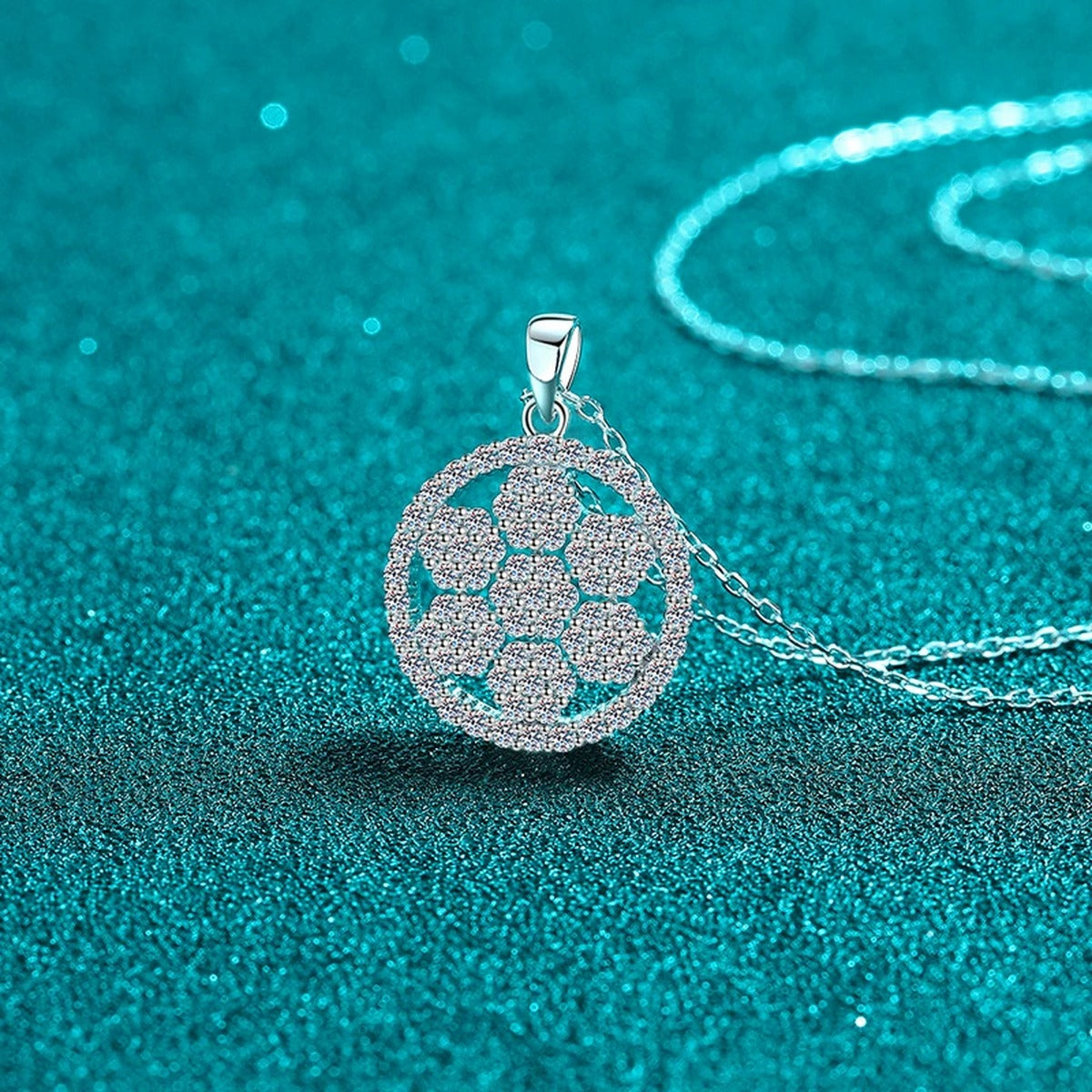 Snowflake Moissanite Pendant Necklace in Rhodium-Plated S925 sterling silver blue display scene showing chain and stone layout