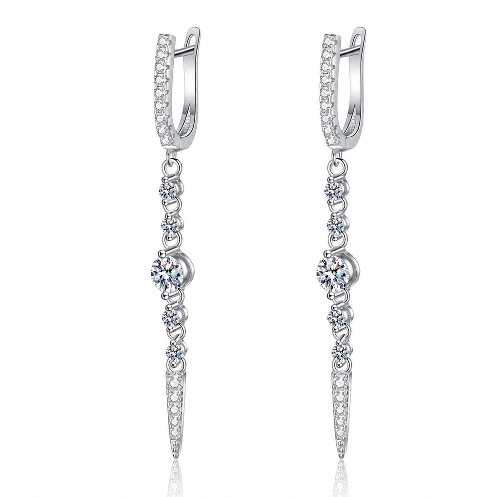 Linear Moissanite Hoop Dangle Earrings in Rhodium-Plated S925 sterling silver white background product photo showing the pair, stone shape, and hoop dangle earrings silhouette