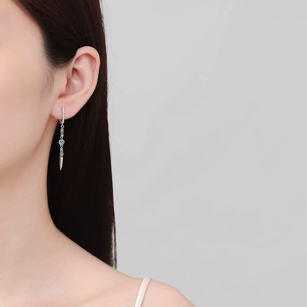 Linear Moissanite Hoop Dangle Earrings in Rhodium-Plated S925 sterling silver worn on ear by model showing scale, placement, and hoop dangle earrings styling