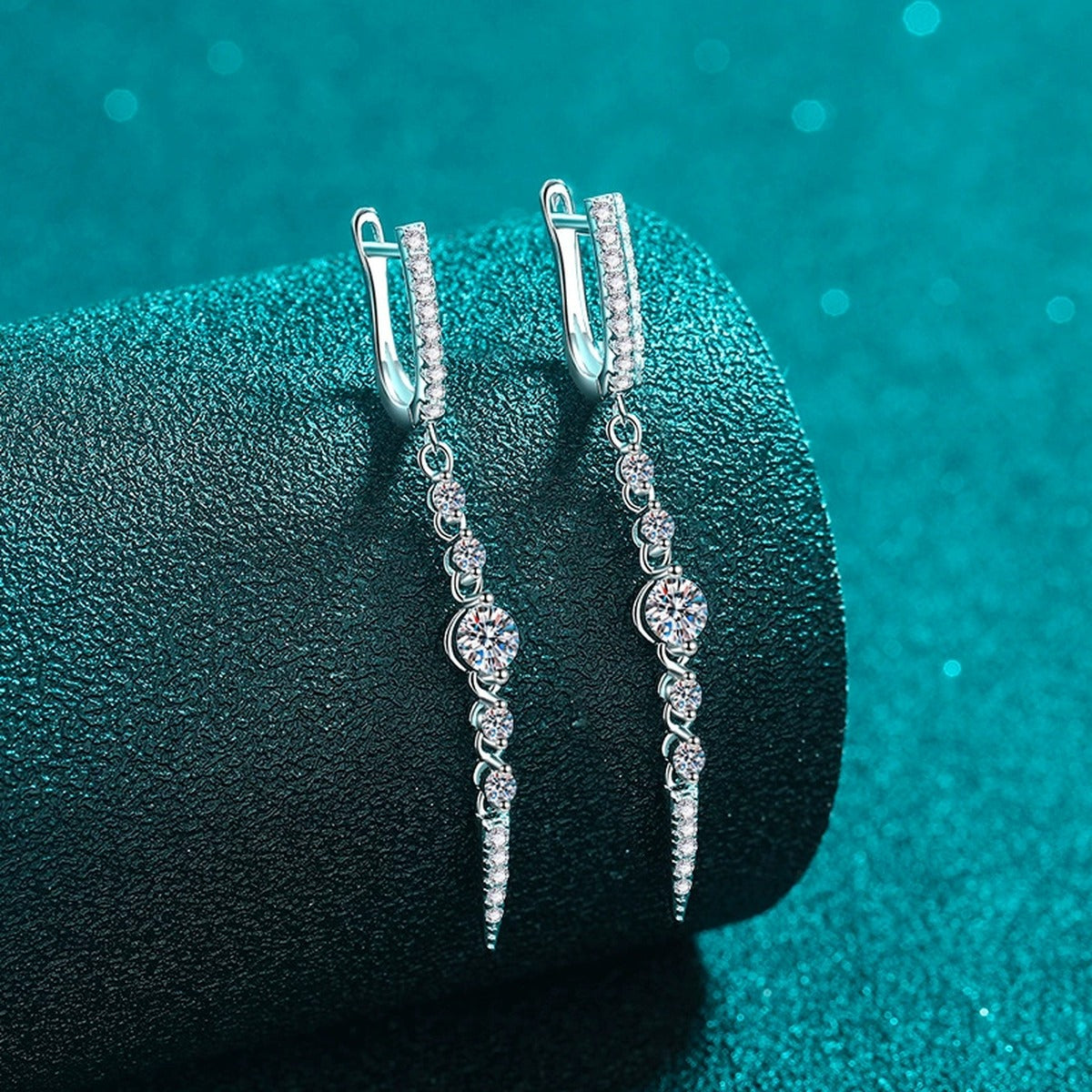Linear Moissanite Hoop Dangle Earrings in Rhodium-Plated S925 sterling silver product scene view showing front sparkle