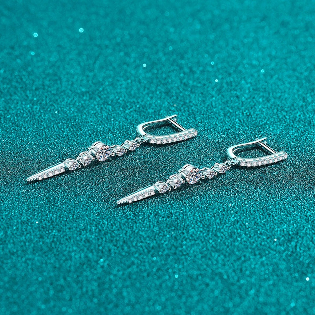 Linear Moissanite Hoop Dangle Earrings in Rhodium-Plated S925 sterling silver product scene view showing angled setting detail