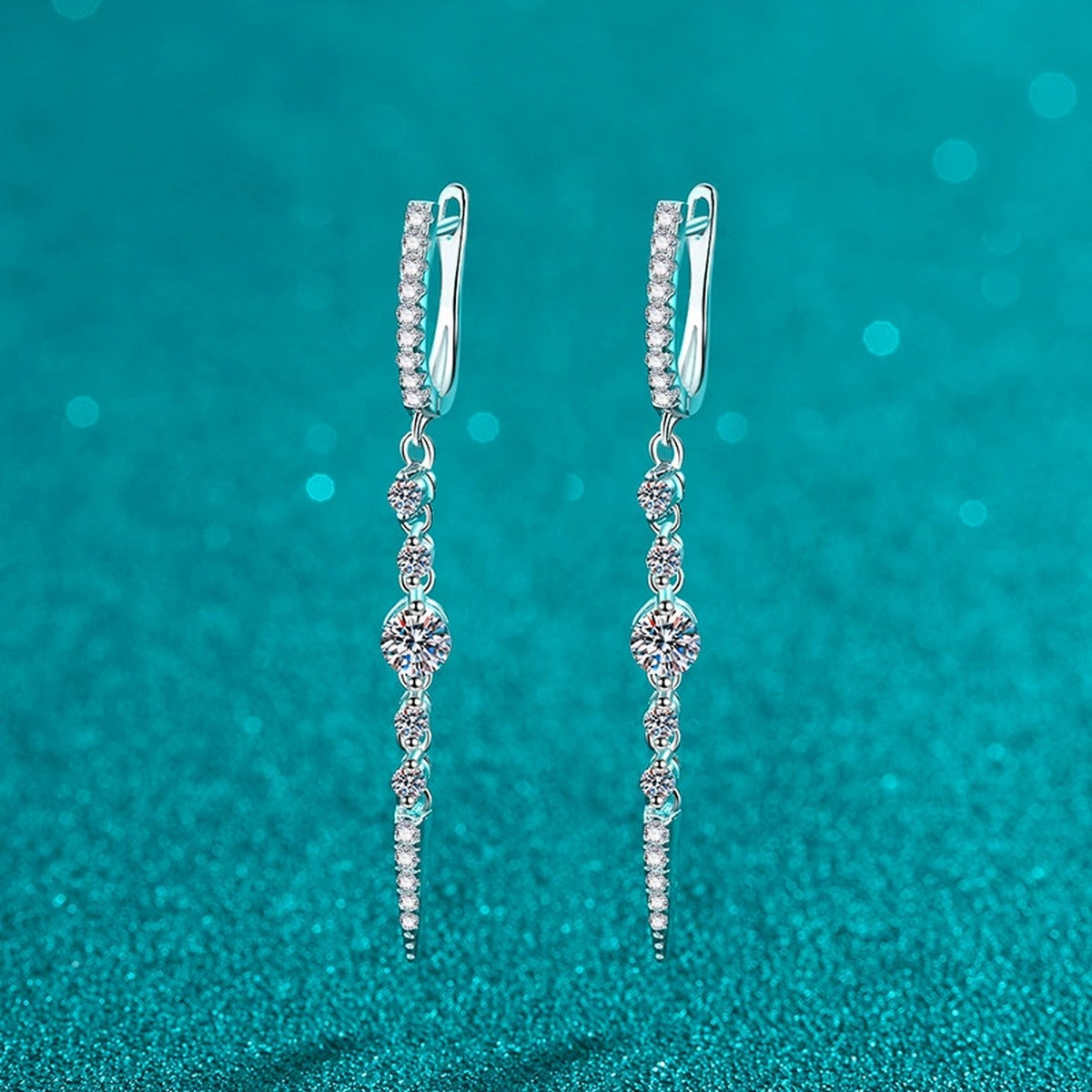 Linear Moissanite Hoop Dangle Earrings in Rhodium-Plated S925 sterling silver product scene view showing side profile