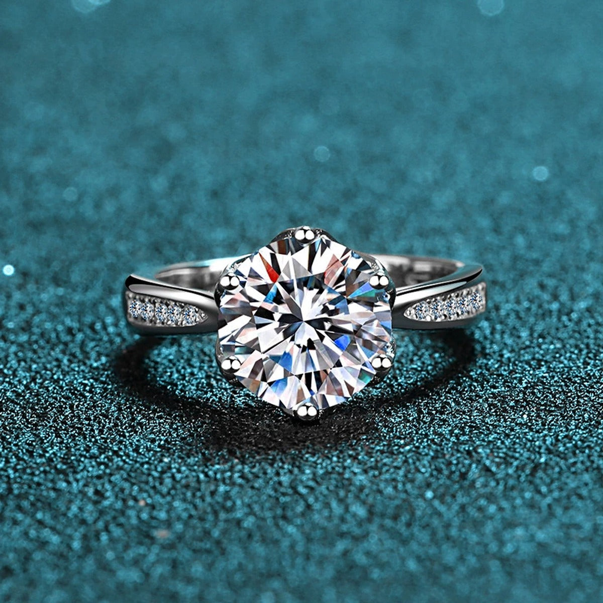 Round Moissanite Solitaire Engagement Ring with CZ product view showing moissanite setting and metal finish