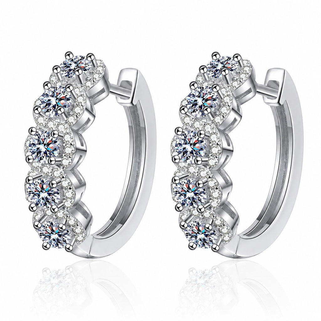 Round Moissanite Hoop Earrings with CZ in Rhodium-Plated S925 sterling silver white background product photo showing the pair, stone shape, and hoop earrings silhouette