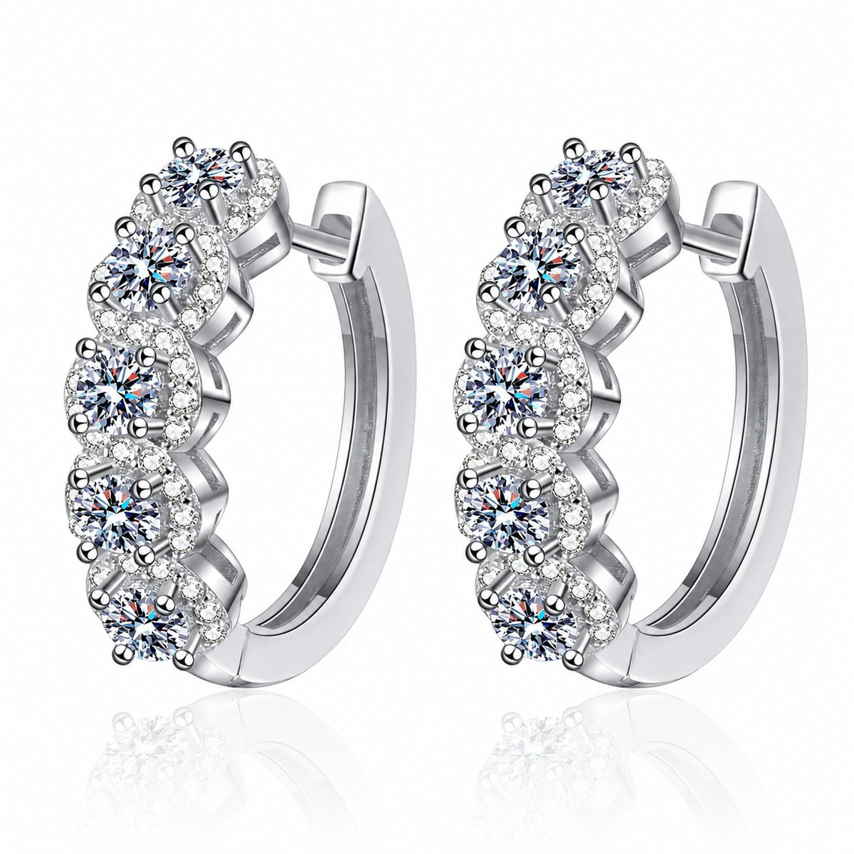 Round Moissanite Hoop Earrings with CZ in Rhodium-Plated S925 sterling silver white background product photo showing the pair, stone shape, and hoop earrings silhouette