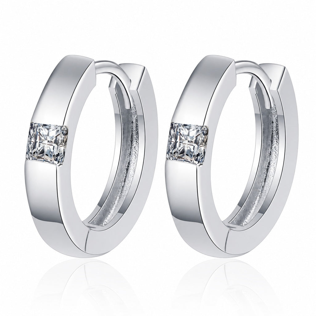 Princess Cut Moissanite Hoop Earrings in Rhodium-Plated S925 sterling silver white background product photo showing the pair, stone shape, and hoop earrings silhouette