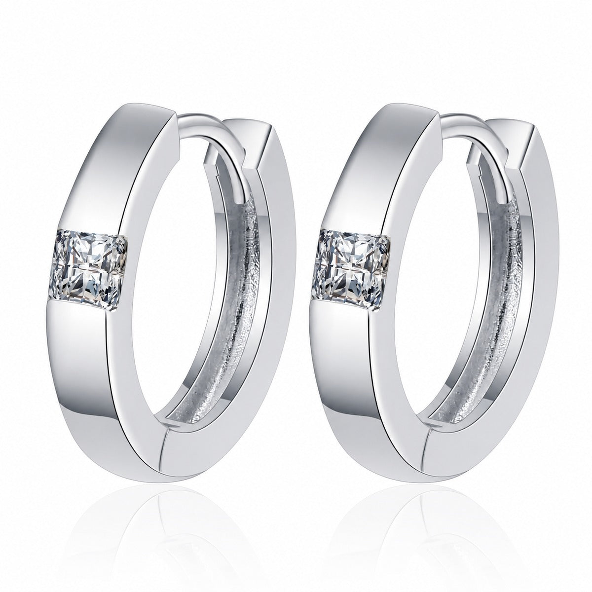Princess Cut Moissanite Hoop Earrings in Rhodium-Plated S925 sterling silver white background product photo showing the pair, stone shape, and hoop earrings silhouette