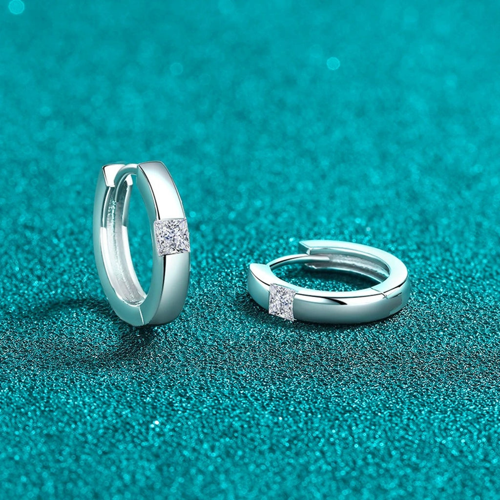 Princess Cut Moissanite Hoop Earrings in Rhodium-Plated S925 sterling silver product scene view showing front sparkle