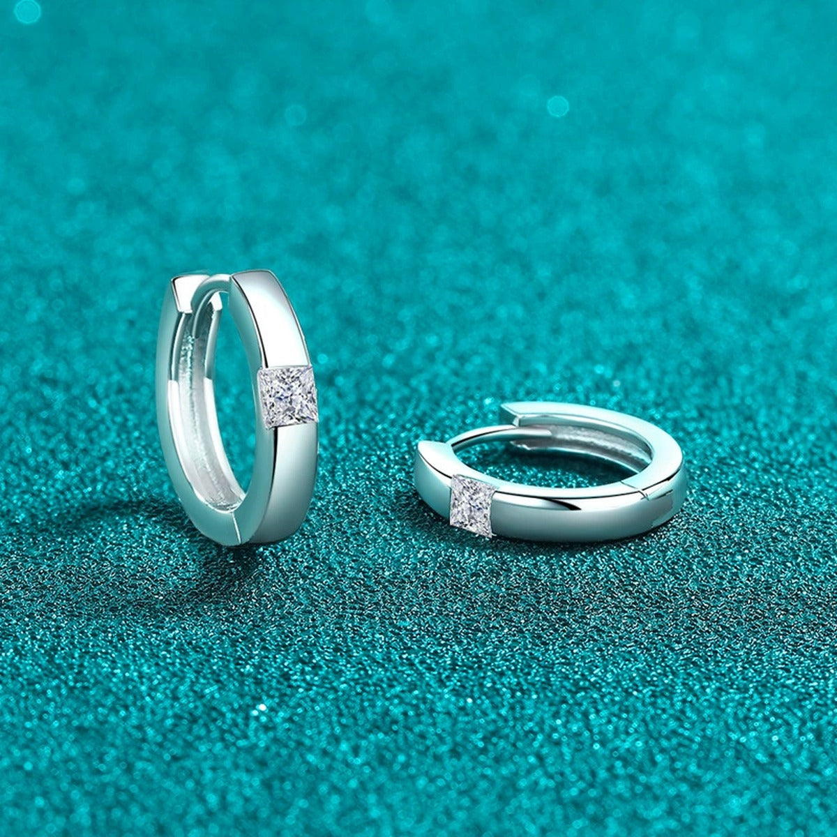 Princess Cut Moissanite Hoop Earrings in Rhodium-Plated S925 sterling silver product scene view showing front sparkle