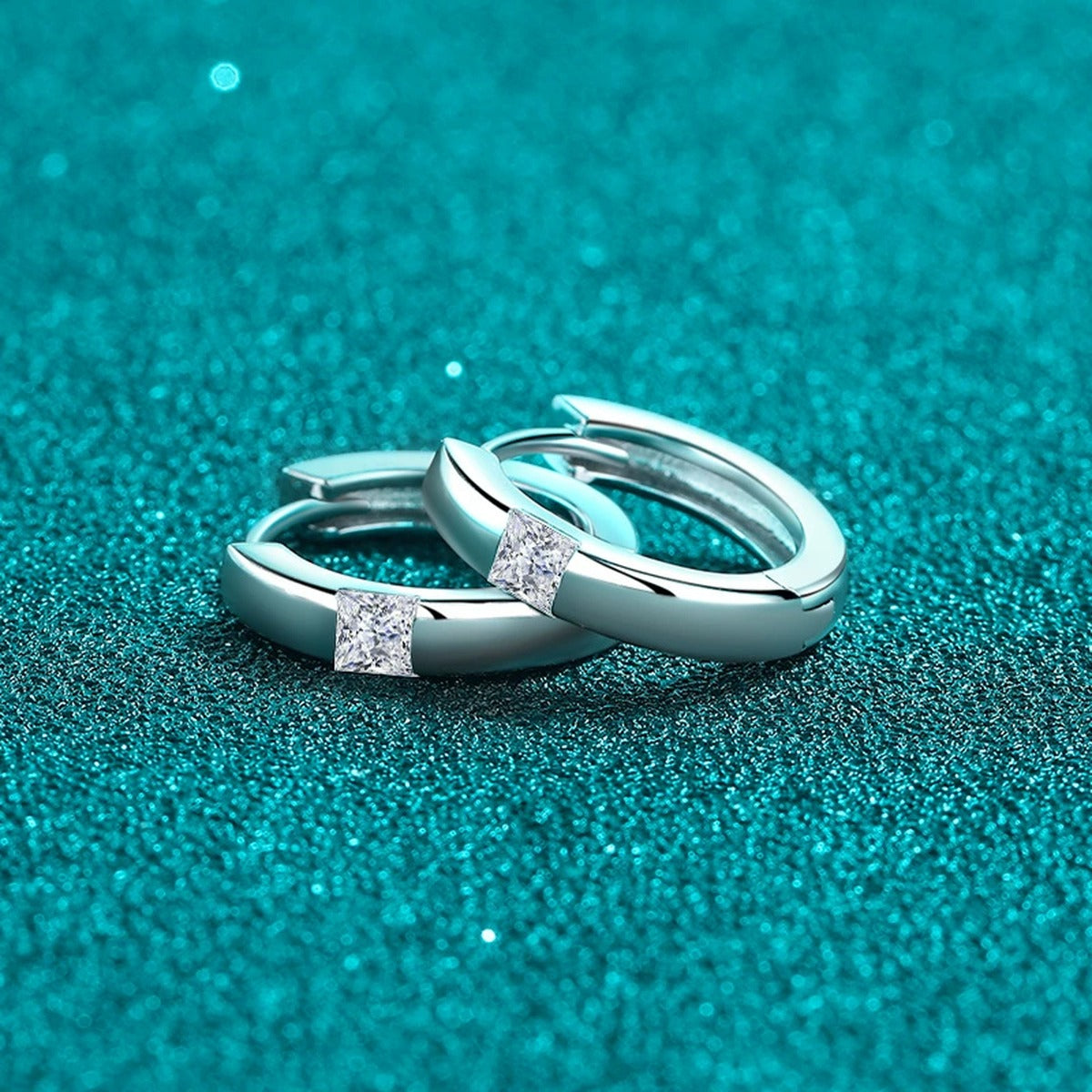 Princess Cut Moissanite Hoop Earrings in Rhodium-Plated S925 sterling silver product scene view showing angled setting detail