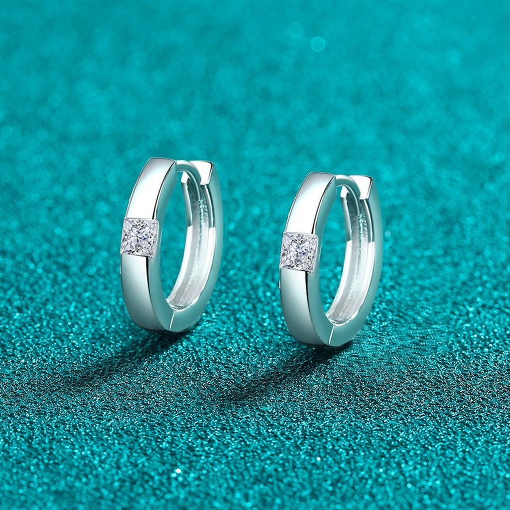 Princess Cut Moissanite Hoop Earrings in Rhodium-Plated S925 sterling silver product scene view showing side profile