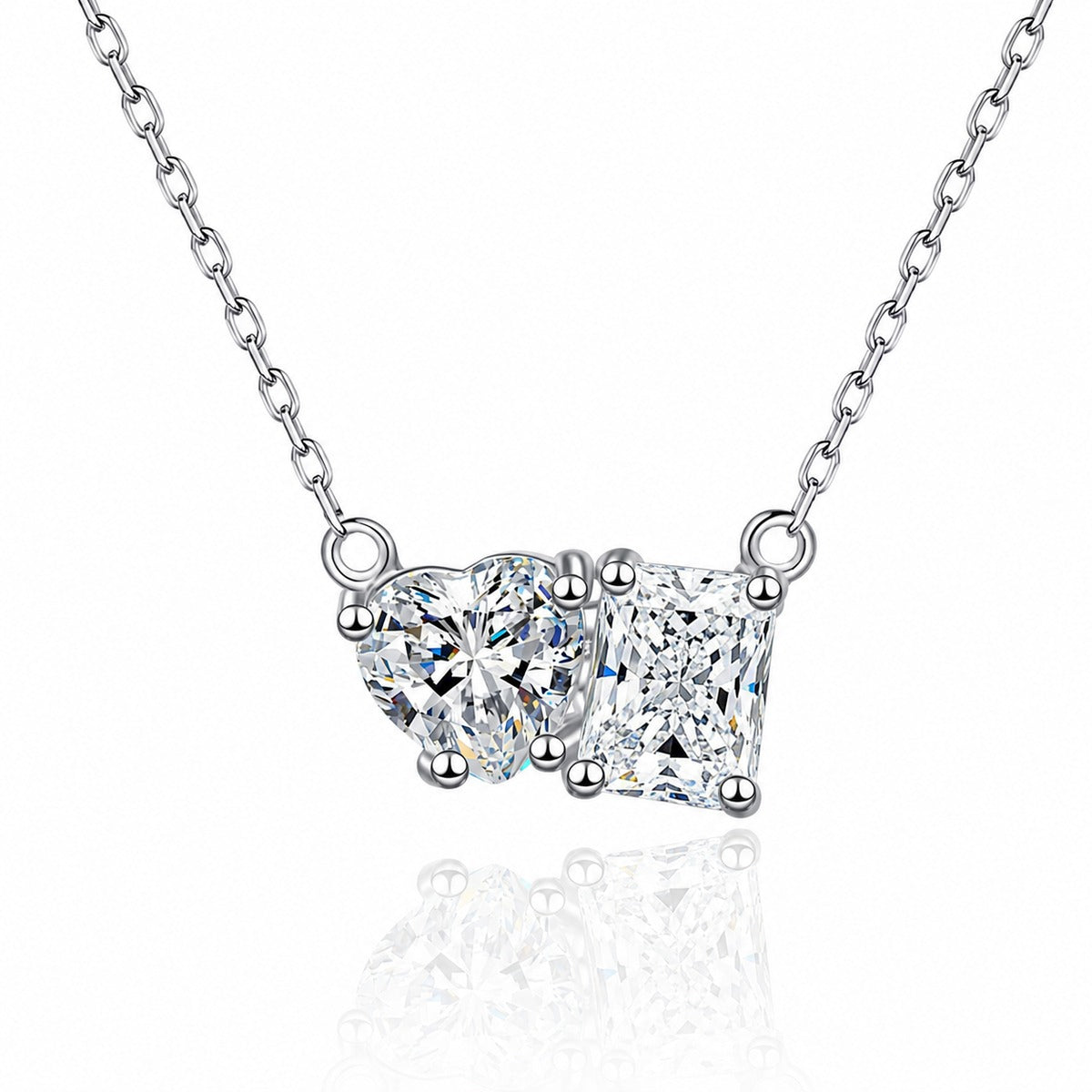 Heart and Rectangular Moissanite Pendant Necklace in Rhodium-Plated S925 sterling silver white background product photo showing two-stone pendant with heart cut and rectangular moissanite options
