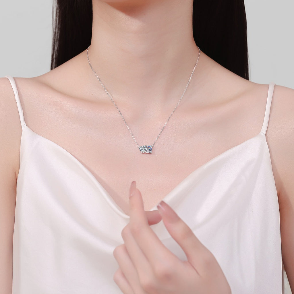 Heart and Rectangular Moissanite Pendant Necklace in Rhodium-Plated S925 sterling silver neckline model view showing pendant scale and adjustable chain