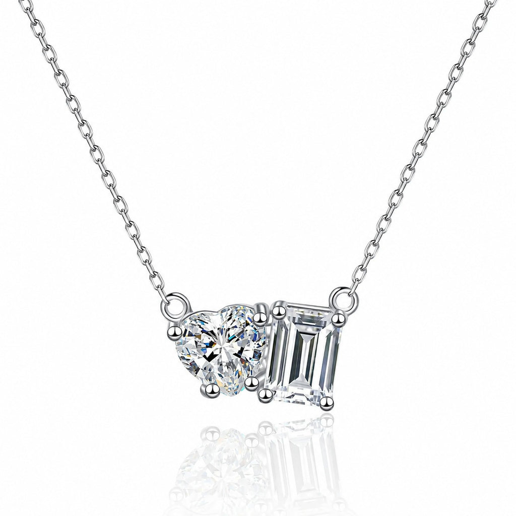Heart and Rectangular Moissanite Pendant Necklace in Rhodium-Plated S925 sterling silver close-up product scene showing pendant setting