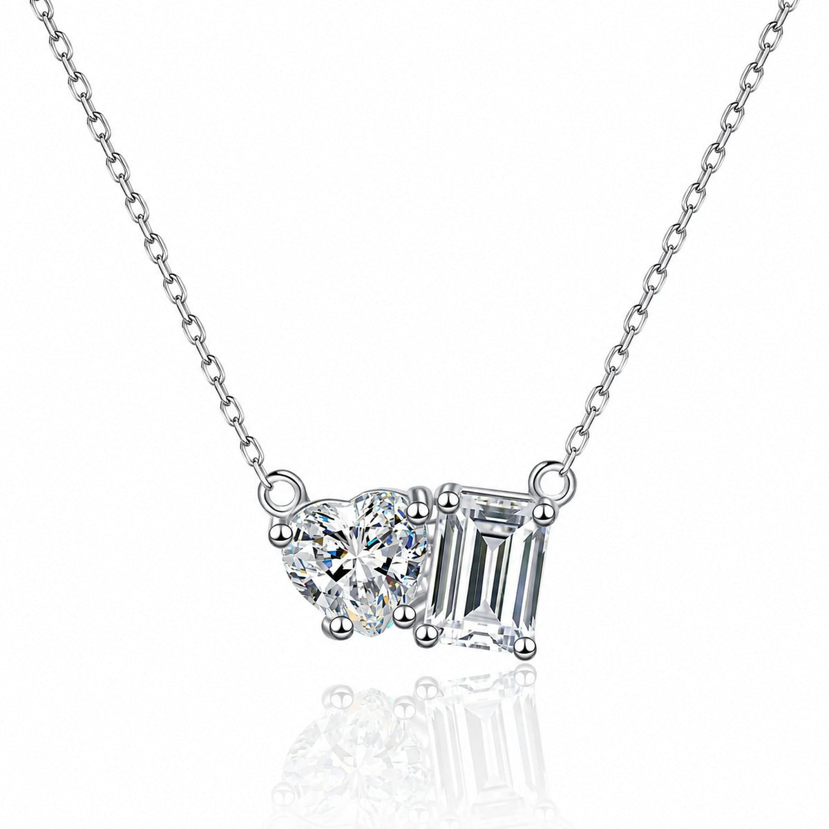 Heart and Rectangular Moissanite Pendant Necklace in Rhodium-Plated S925 sterling silver close-up product scene showing pendant setting