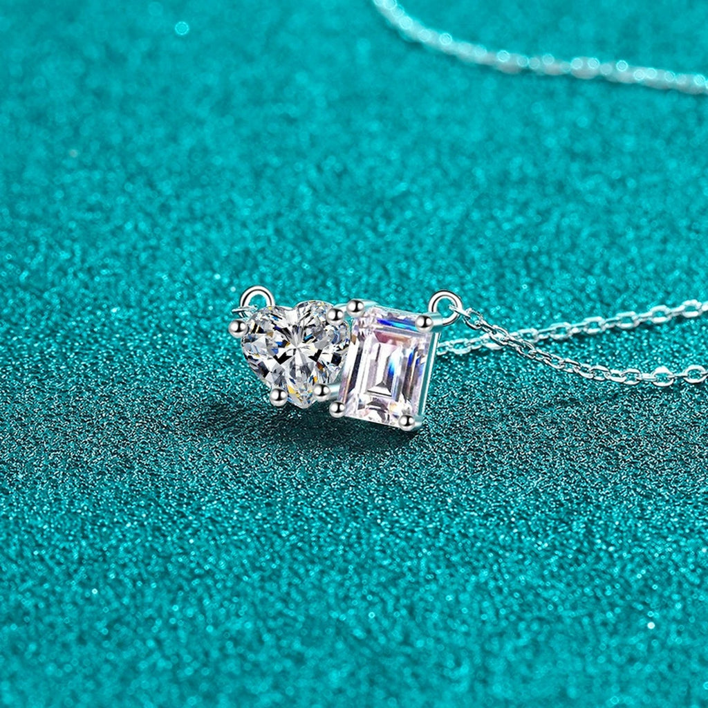 Heart and Rectangular Moissanite Pendant Necklace in Rhodium-Plated S925 sterling silver angled product detail view