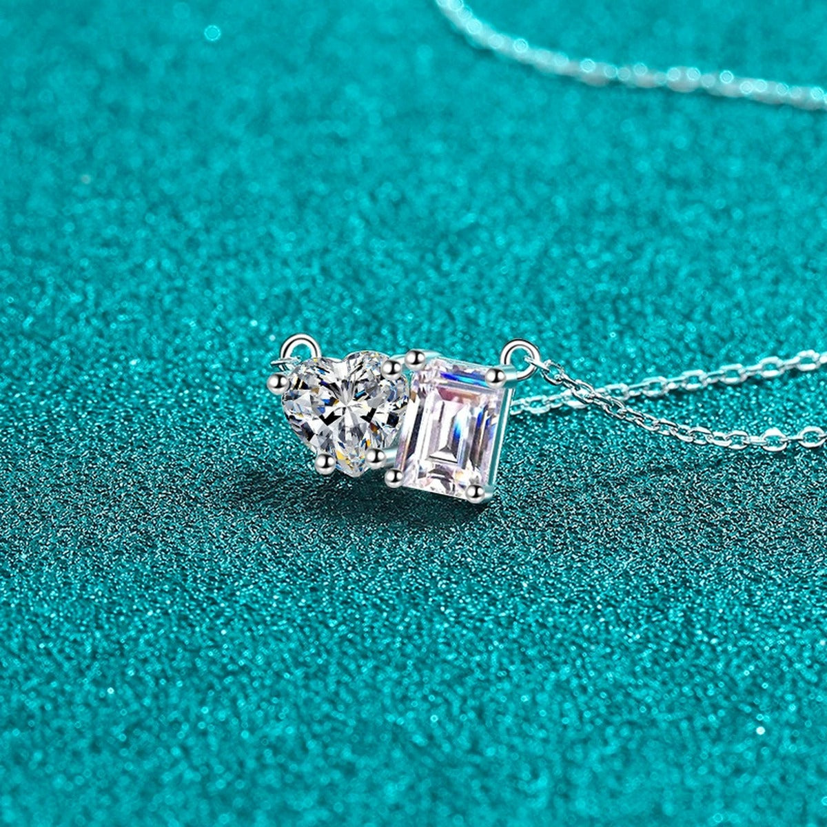 Heart and Rectangular Moissanite Pendant Necklace in Rhodium-Plated S925 sterling silver angled product detail view