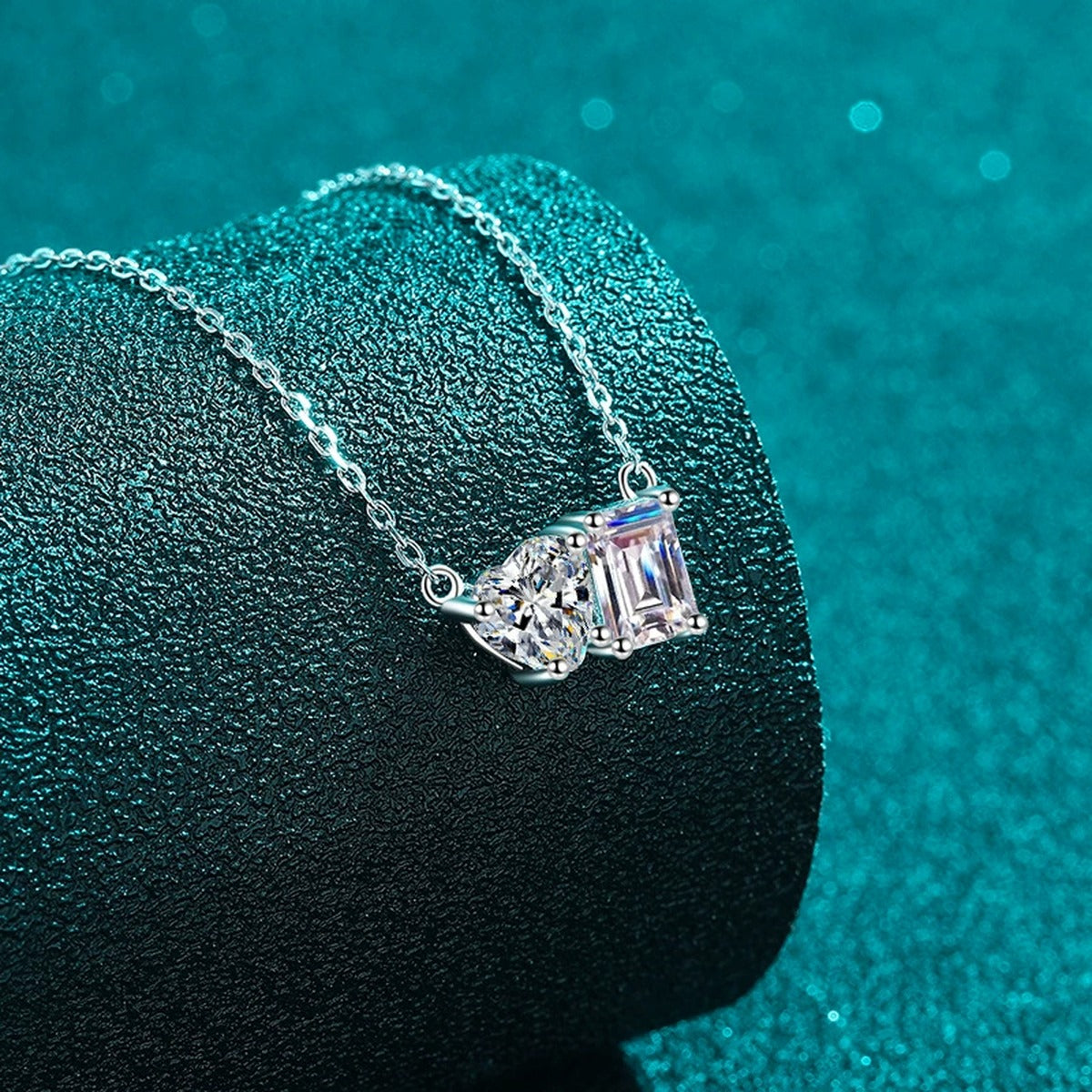 Heart and Rectangular Moissanite Pendant Necklace in Rhodium-Plated S925 sterling silver additional product styling view