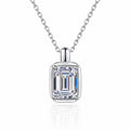 Emerald and Radiant Cut Moissanite Pendant Necklace in Rhodium-Plated S925 sterling silver white background product photo showing solitaire rectangular moissanite pendant offered in emerald and radiant cuts