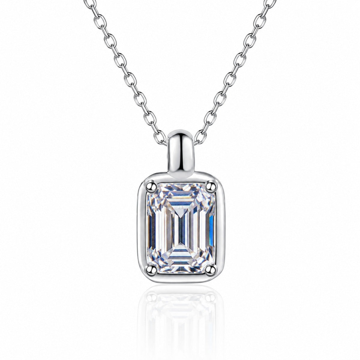 Emerald and Radiant Cut Moissanite Pendant Necklace in Rhodium-Plated S925 sterling silver white background product photo showing solitaire rectangular moissanite pendant offered in emerald and radiant cuts