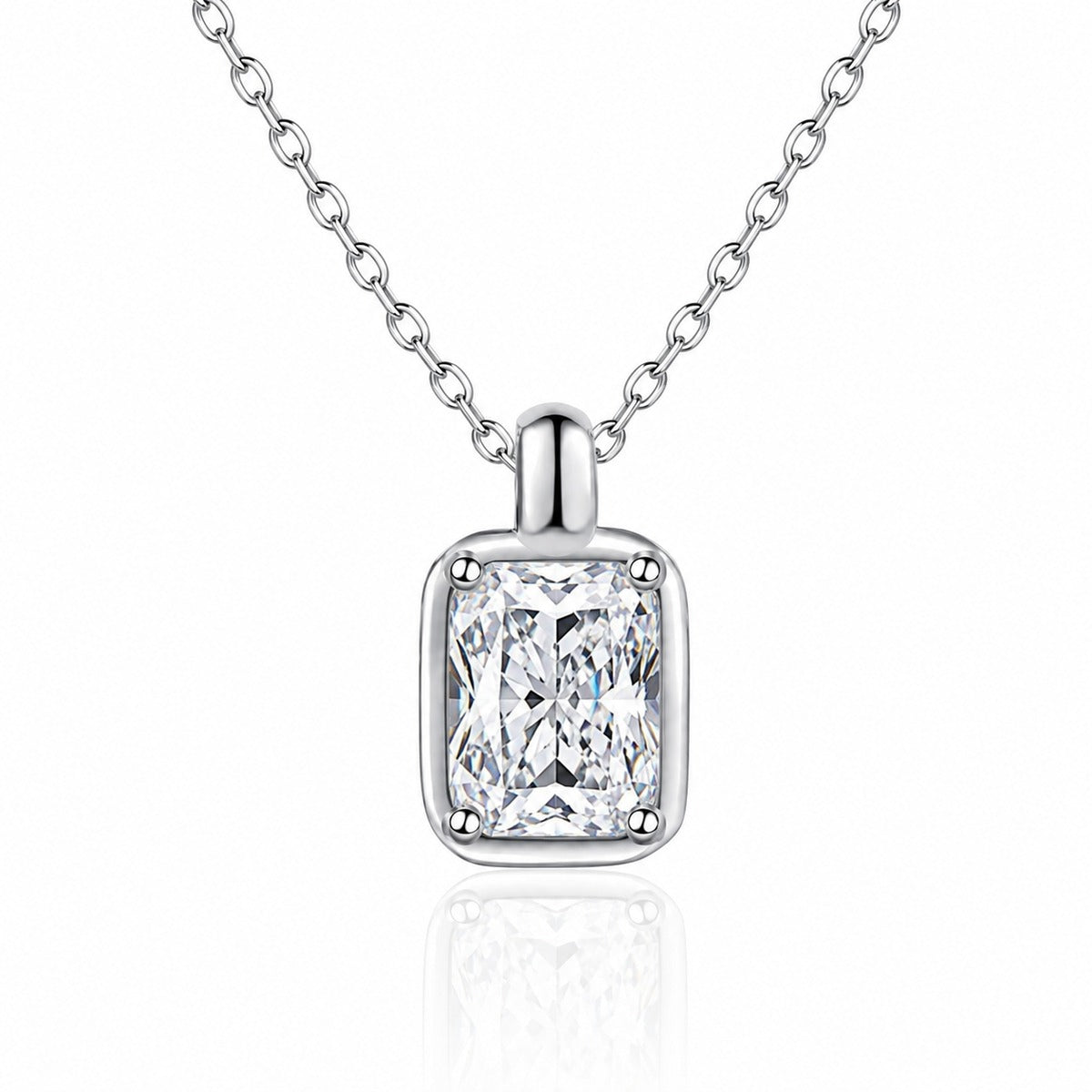 Emerald and Radiant Cut Moissanite Pendant Necklace in Rhodium-Plated S925 sterling silver close-up product scene showing pendant setting