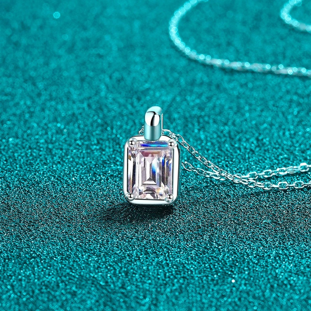 Emerald and Radiant Cut Moissanite Pendant Necklace in Rhodium-Plated S925 sterling silver angled product detail view