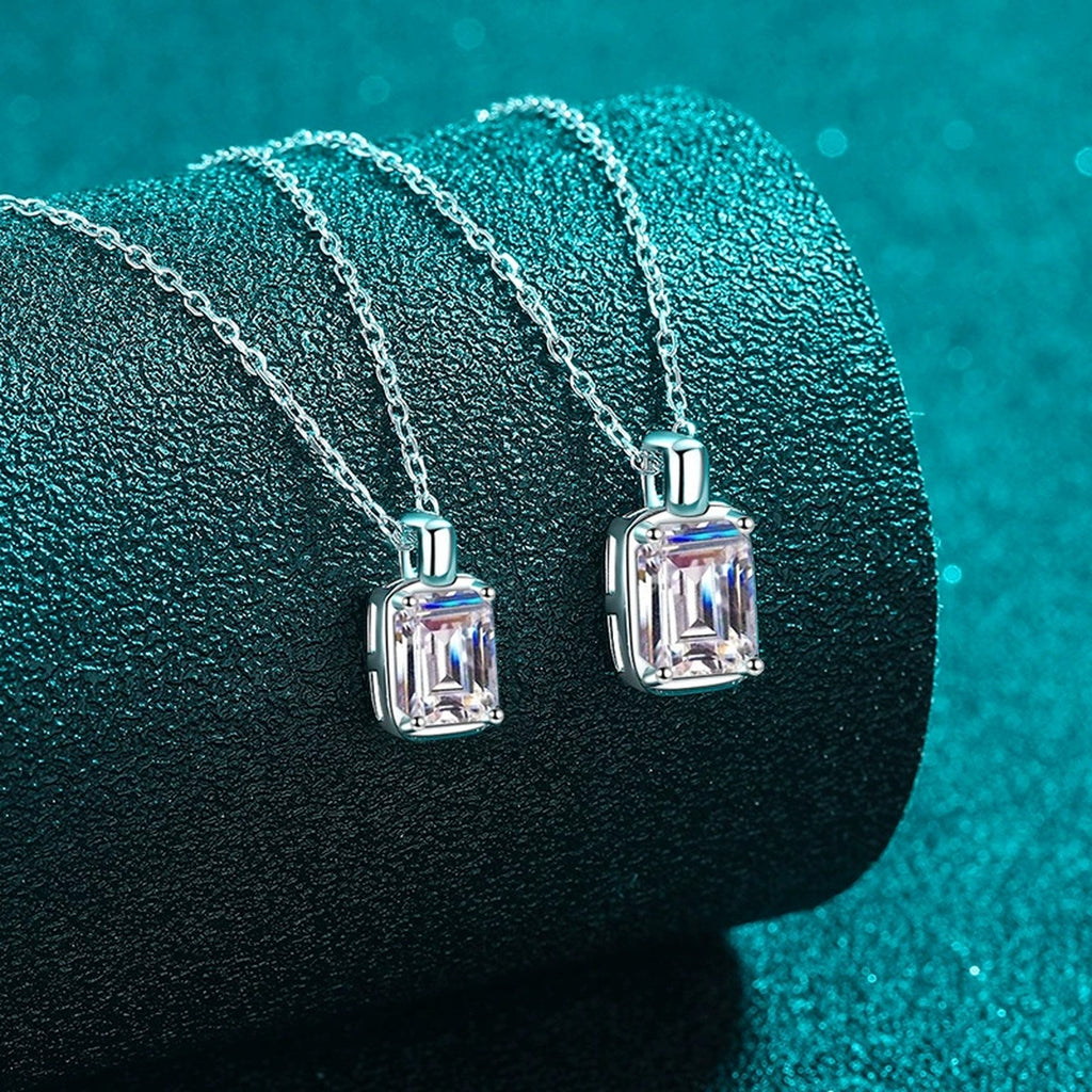 Emerald and Radiant Cut Moissanite Pendant Necklace in Rhodium-Plated S925 sterling silver additional product styling view