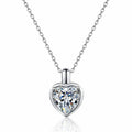Heart Moissanite Pendant Necklace in Rhodium-Plated S925 sterling silver white background product photo showing heart cut moissanite pendant offered in two center stone sizes