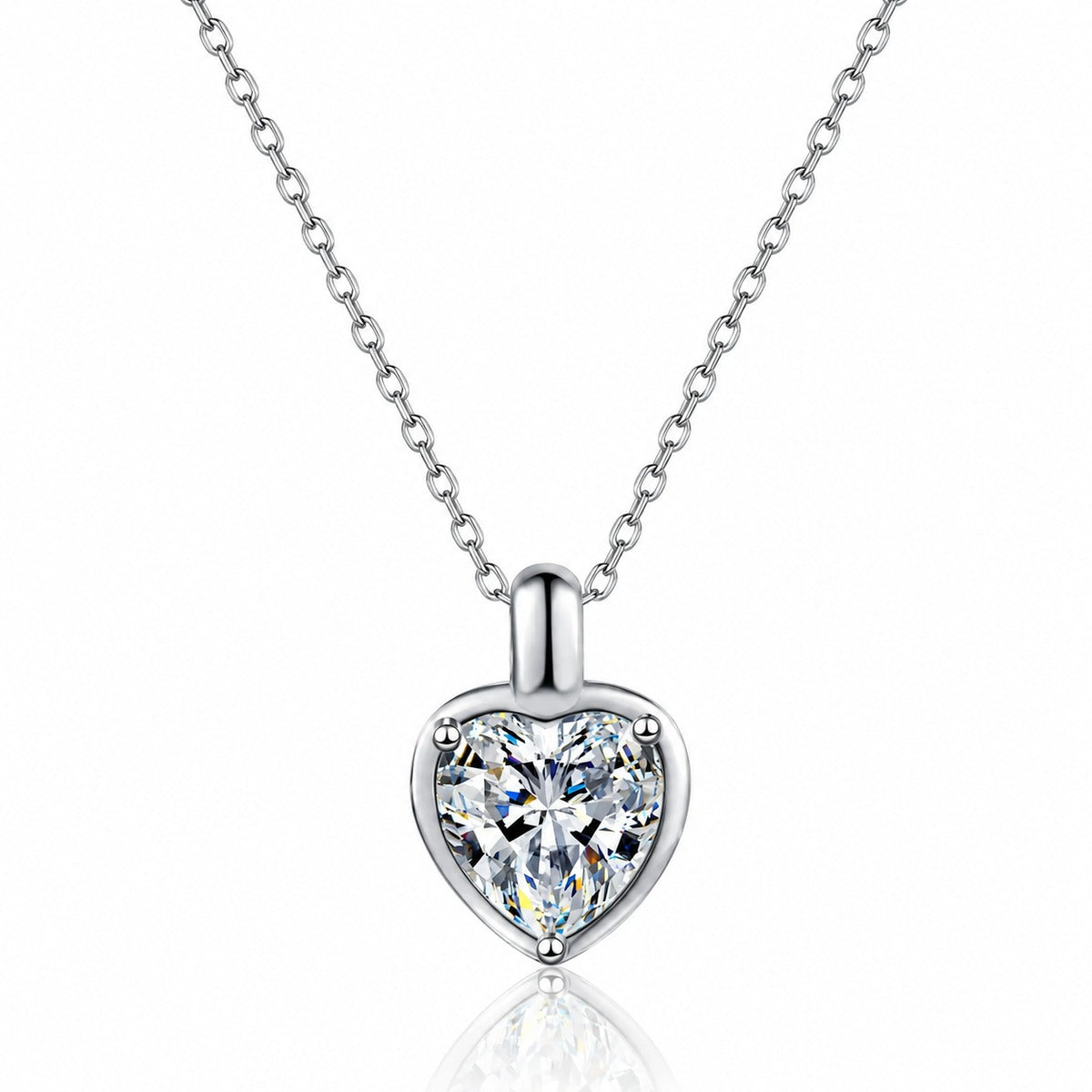 Heart Moissanite Pendant Necklace in Rhodium-Plated S925 sterling silver white background product photo showing heart cut moissanite pendant offered in two center stone sizes