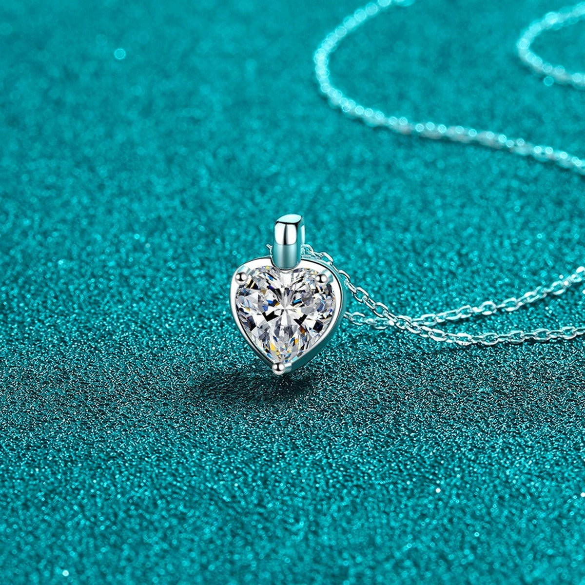Heart Moissanite Pendant Necklace in Rhodium-Plated S925 sterling silver angled product detail view