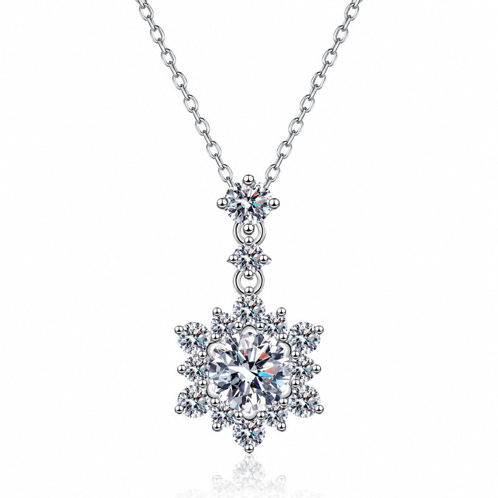 Snowflake Round Moissanite Pendant Necklace with CZ in Rhodium-Plated S925 sterling silver white background product photo showing snowflake pendant with a round moissanite center and CZ accents