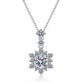 Snowflake Round Moissanite Pendant Necklace with CZ in Rhodium-Plated S925 sterling silver white background product photo showing snowflake pendant with a round moissanite center and CZ accents