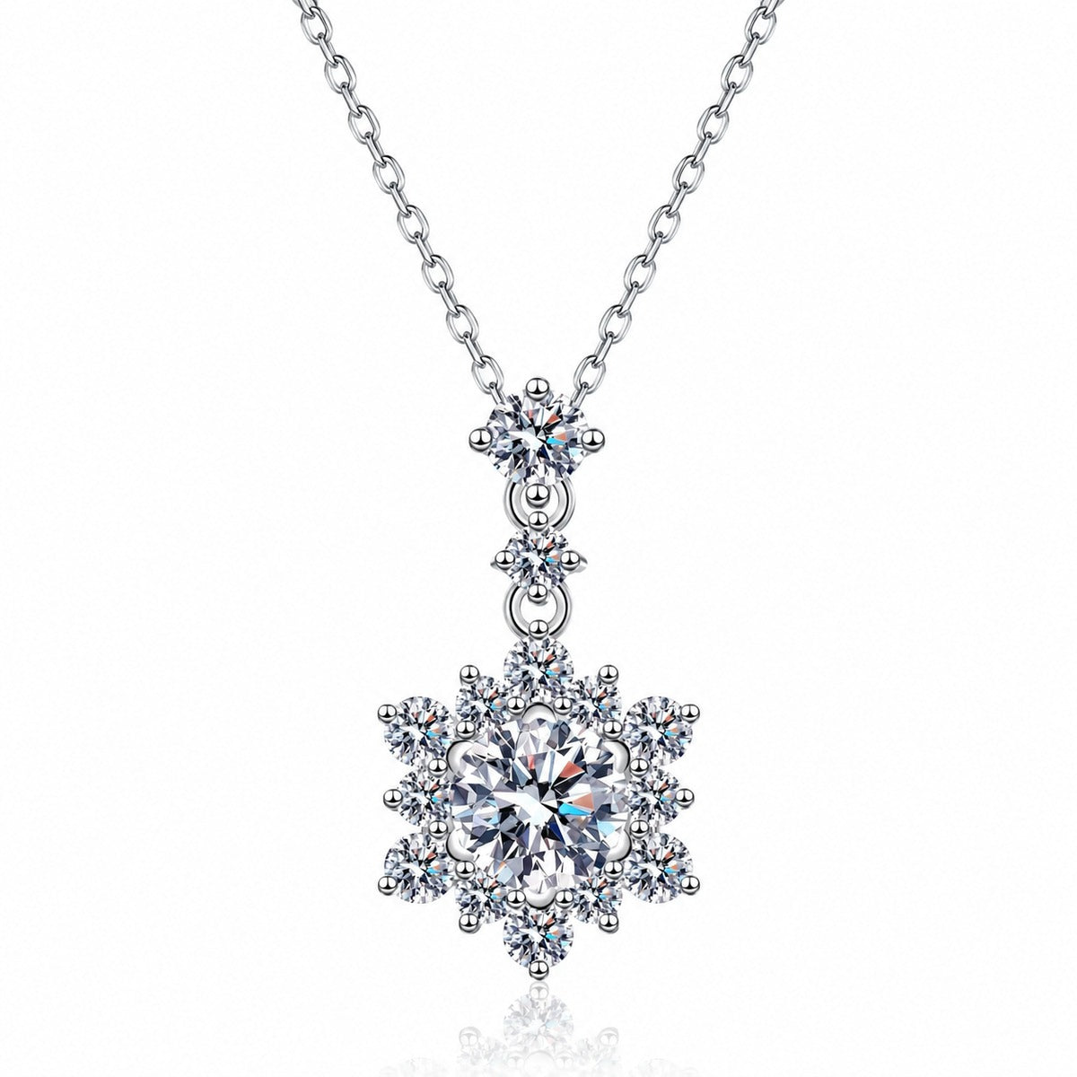 Snowflake Round Moissanite Pendant Necklace with CZ in Rhodium-Plated S925 sterling silver white background product photo showing snowflake pendant with a round moissanite center and CZ accents