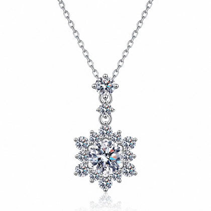 Snowflake Round Moissanite Pendant Necklace with CZ in Rhodium-Plated S925 sterling silver white background product photo showing snowflake pendant with a round moissanite center and CZ accents