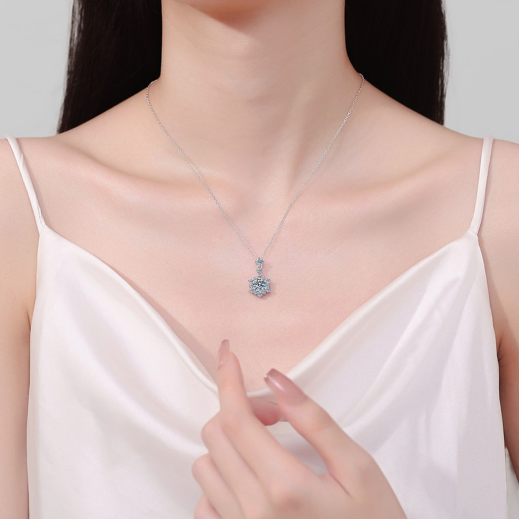 Snowflake Round Moissanite Pendant Necklace with CZ in Rhodium-Plated S925 sterling silver neckline model view showing pendant scale and adjustable chain
