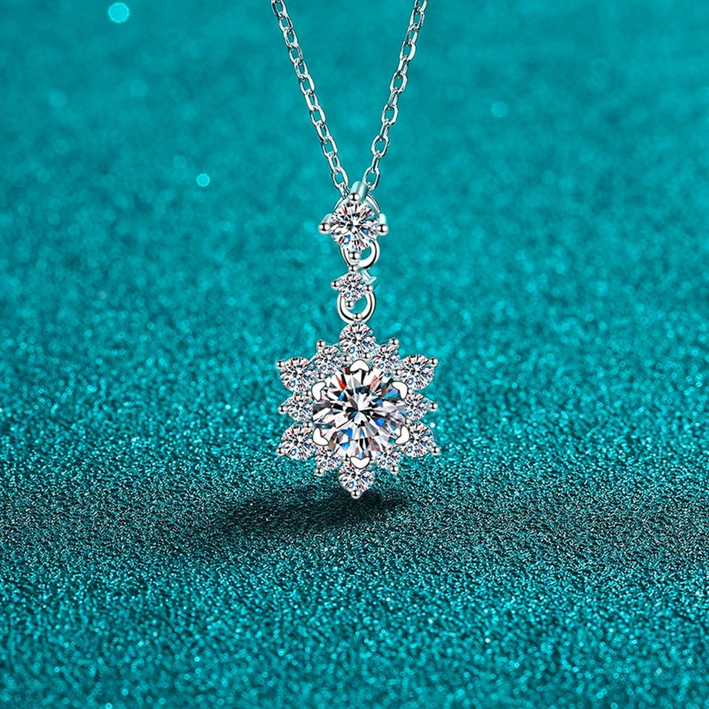 Snowflake Round Moissanite Pendant Necklace with CZ in Rhodium-Plated S925 sterling silver close-up product scene showing pendant setting