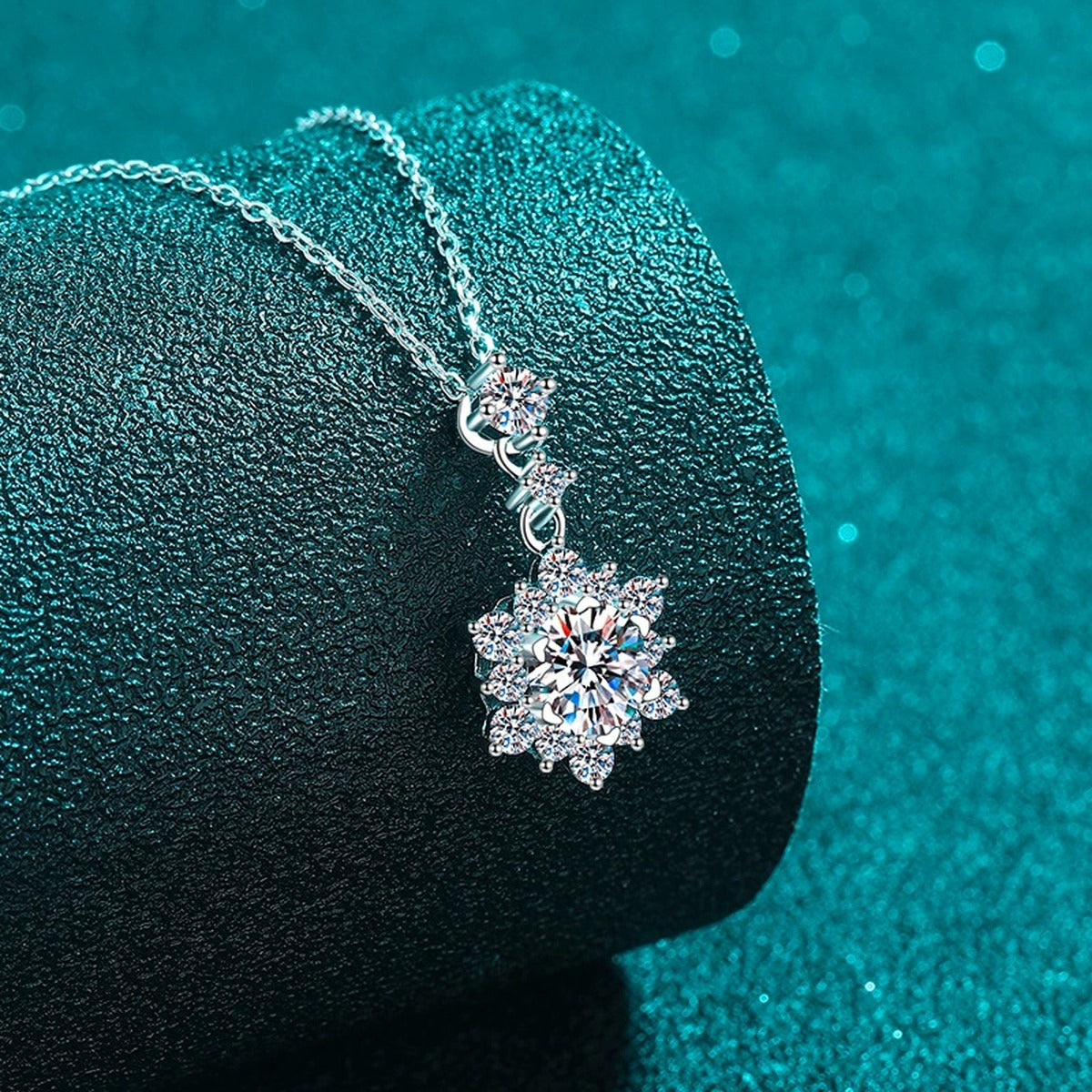 Snowflake Round Moissanite Pendant Necklace with CZ in Rhodium-Plated S925 sterling silver blue display scene showing chain and stone layout