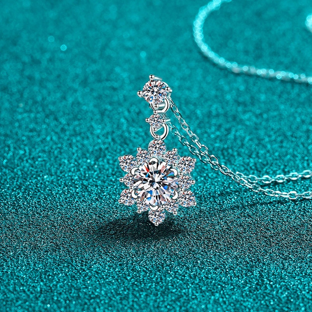 Snowflake Round Moissanite Pendant Necklace with CZ in Rhodium-Plated S925 sterling silver angled product detail view