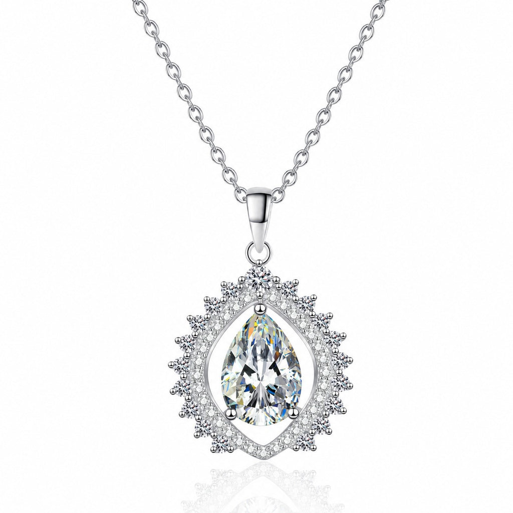 Sunburst Pear Cut Moissanite Pendant Necklace with CZ in Rhodium-Plated S925 sterling silver white background product photo showing sunburst teardrop pendant with a pear cut moissanite center and CZ rays