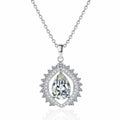Sunburst Pear Cut Moissanite Pendant Necklace with CZ in Rhodium-Plated S925 sterling silver white background product photo showing sunburst teardrop pendant with a pear cut moissanite center and CZ rays