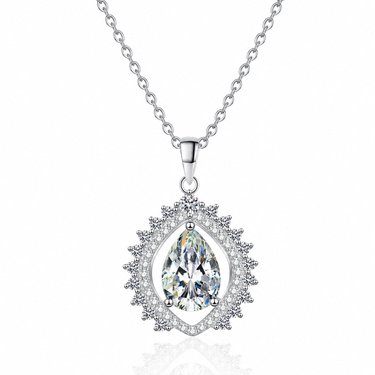 Sunburst Pear Cut Moissanite Pendant Necklace with CZ in Rhodium-Plated S925 sterling silver white background product photo showing sunburst teardrop pendant with a pear cut moissanite center and CZ rays