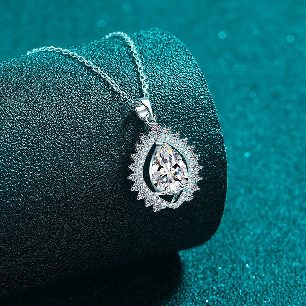 Sunburst Pear Cut Moissanite Pendant Necklace with CZ in Rhodium-Plated S925 sterling silver angled product detail view