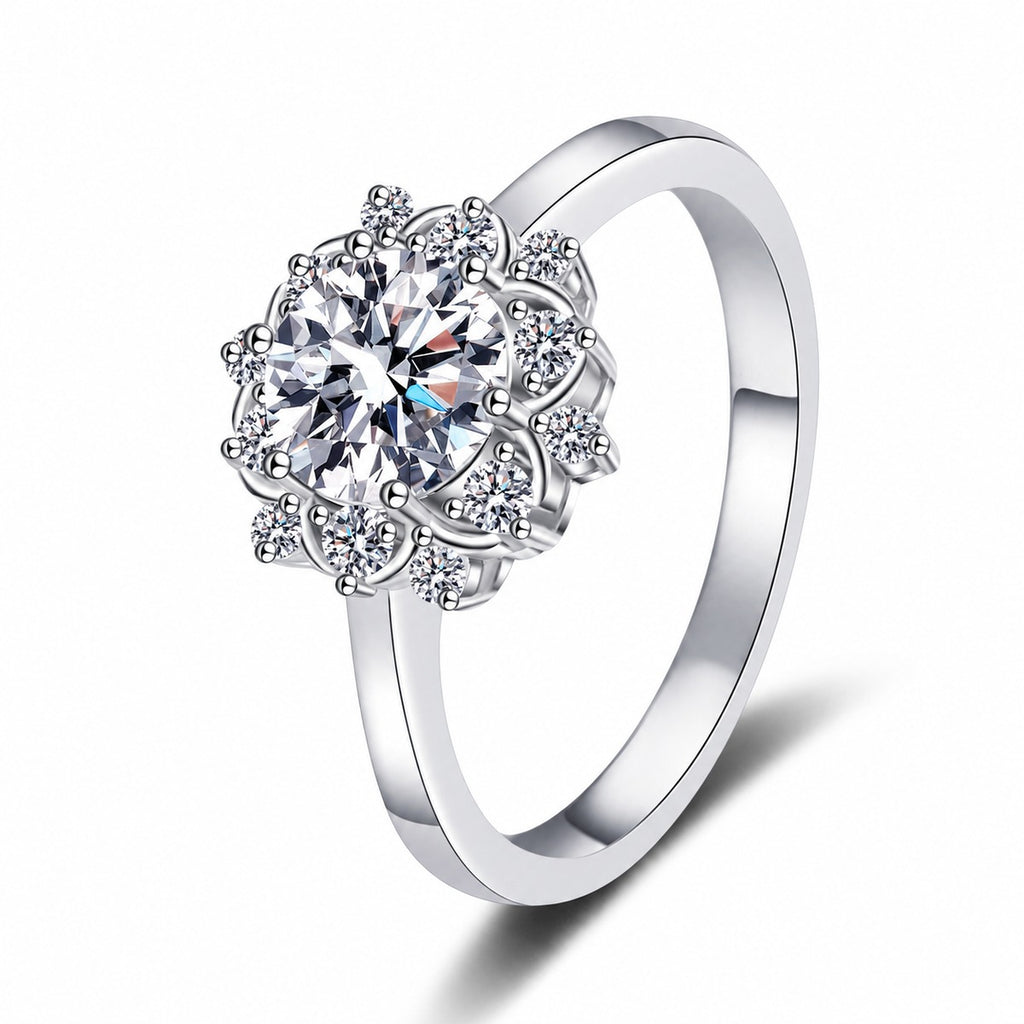 Round Halo Moissanite Ring with CZ in rhodium-plated S925 sterling silver on clean white background