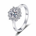 Round Halo Moissanite Ring with CZ in rhodium-plated S925 sterling silver on clean white background