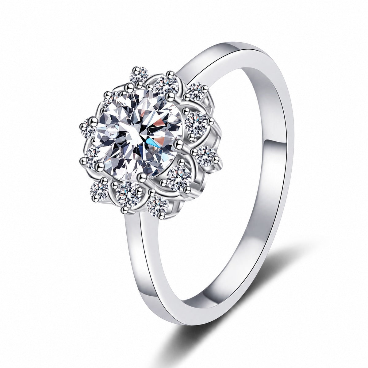 Round Halo Moissanite Ring with CZ in rhodium-plated S925 sterling silver on clean white background
