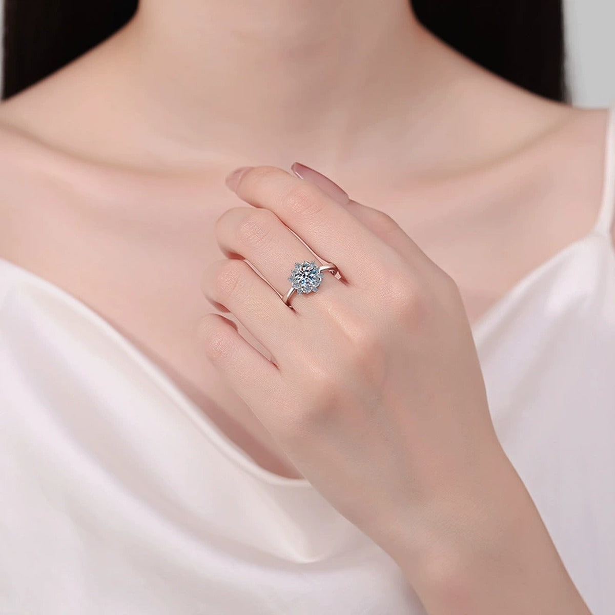 Round Halo Moissanite Ring with CZ worn on hand to show scale, band width, and ring profile
