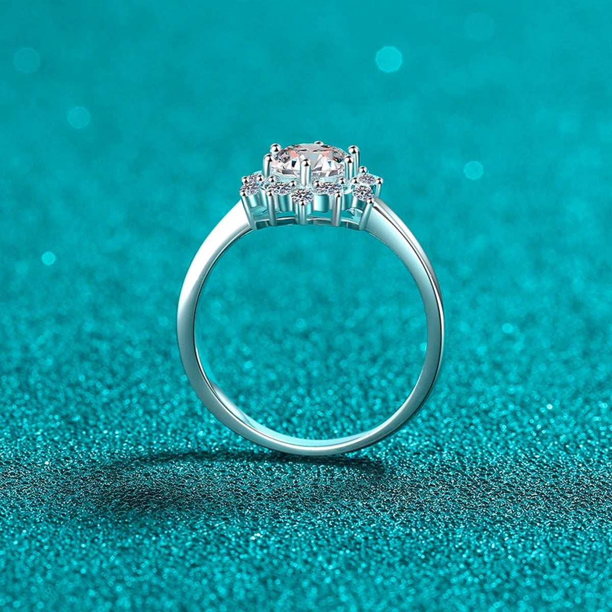 Round Halo Moissanite Ring with CZ product view showing moissanite setting and metal finish
