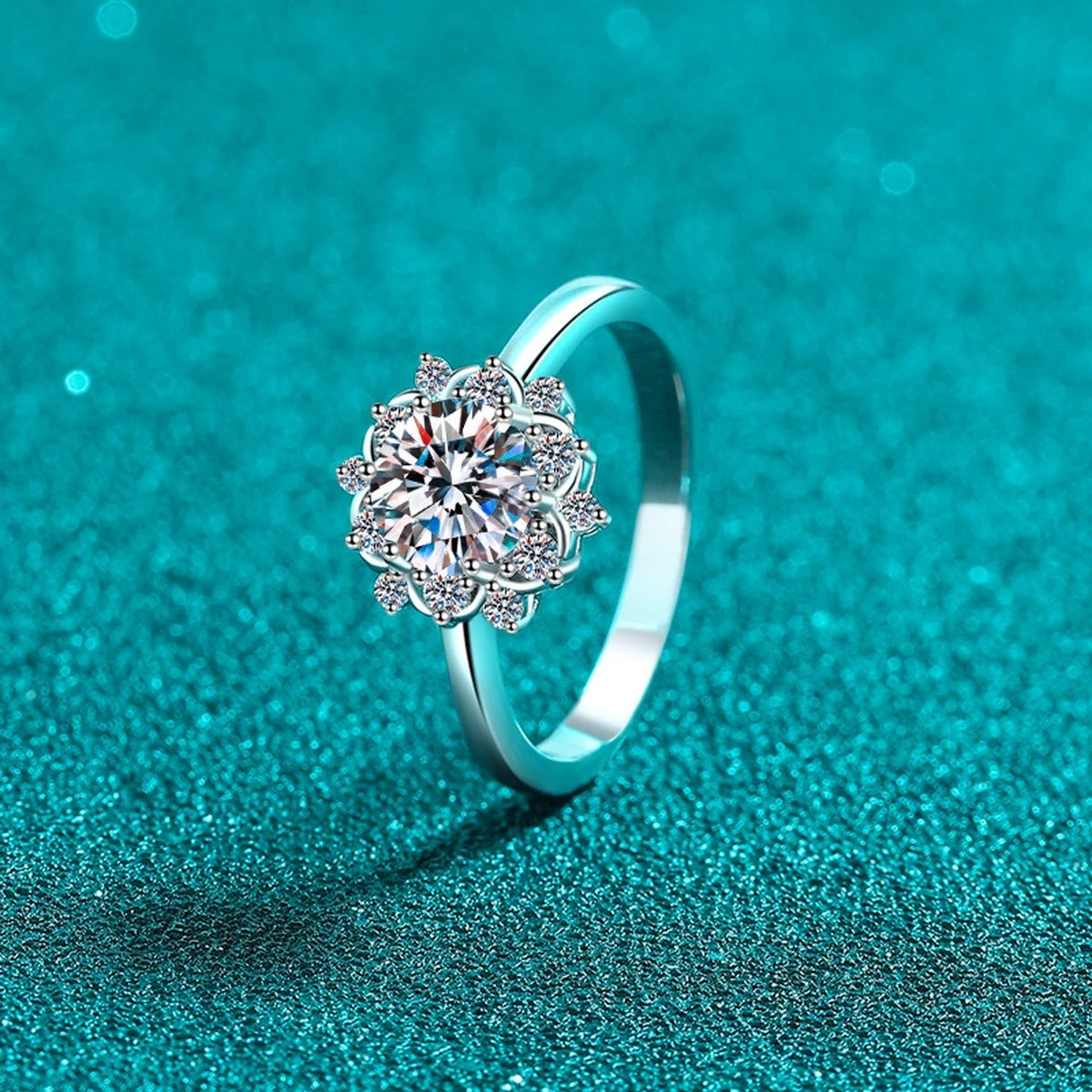 Round Halo Moissanite Ring with CZ product view showing moissanite setting and metal finish